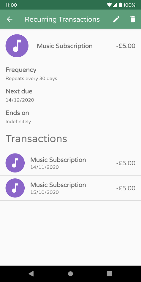 Recurring transactions screen